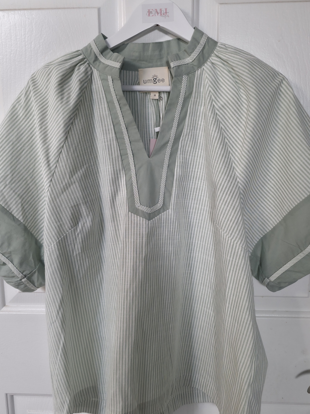 Umgee Sage & White Striped V-Neck Peasant Blouse